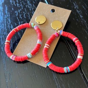 RED hand beaded tribal pattern clay earrings-NWT